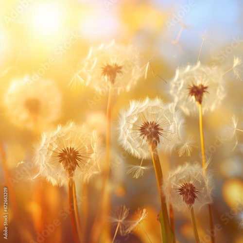 dandelions blurred background sunny day.