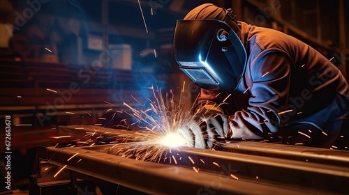 Metal welder working with arc welding machine to weld steel at factory while wearing safety equipment. Metalwork manufacturing and construction maintenance service by manual skill labor concept. 