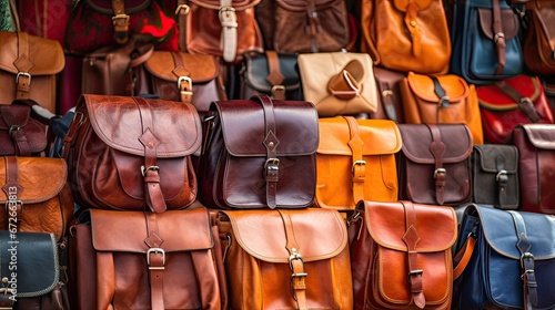Moroccan leather bags Offered for sale in different colours and shapes as a typical Moroccan product, near the famous tanneries of Fez. 