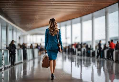 Back view of Businesswoman with his suitcase at the airport.