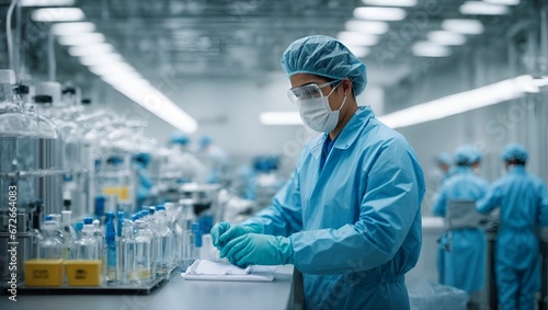 Biotechnology production facility, pharma. Clean production room with worker in blue protective clothes. photo