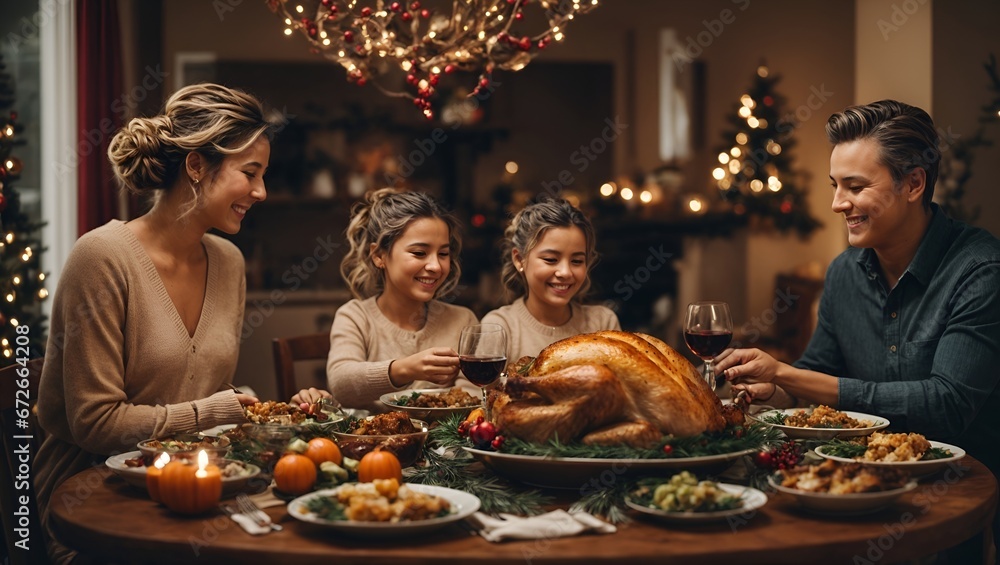 Happy family with roasted turkey at christmas or thanksgiving dinner at home Multiple personalitiesthe same.