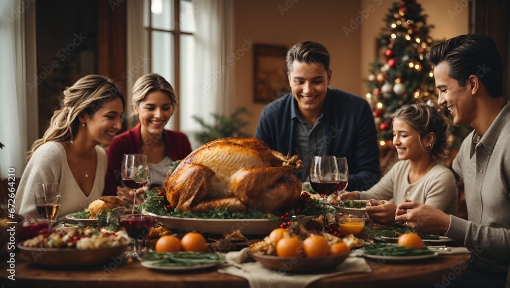 Happy family with roasted turkey at christmas or thanksgiving dinner at home Multiple personalitiesthe same. Happy family with roasted turkey at christmas or thanksgiving dinner at home Multiple personalitiesthe same.