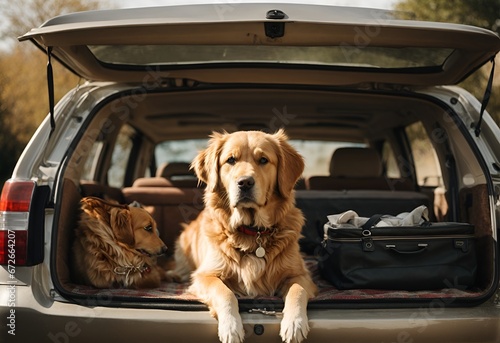 Golden retriever dog sitting in car trunk ready for a vacation trip.