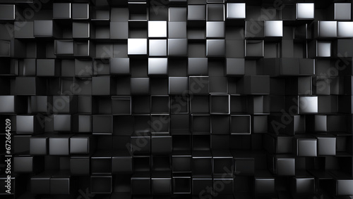 Glossy black background, neatly arranged 3D squares, gradient shades of incident light, top view,