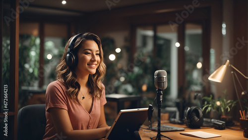 Happy girl host record podcast use microphone wear headphone interview guest conversation for content in her home studio. photo