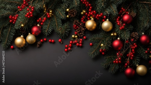 Holiday s Background with Christmas Tree Branches Decorated with Berries and Christmas gold and red decorations  fir tree branches with xmas ornaments isolated on black background. top view