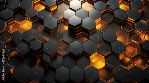 Fototapeta Naklejka Na Ścianę i Meble -  Glowing Hexagonal 3D Shapes: Abstract Digital Technology Background in Gold, Brown, Gray, and Black