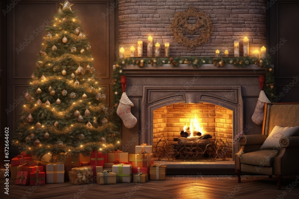 candlelit living room Christmas background with a grand Christmas tree, presents, and a crackling fireplace, complete with ornaments, tinsel, and a warm, inviting ambiance