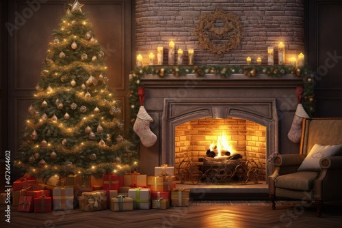 candlelit living room Christmas background with a grand Christmas tree, presents, and a crackling fireplace, complete with ornaments, tinsel, and a warm, inviting ambiance © SaroStock