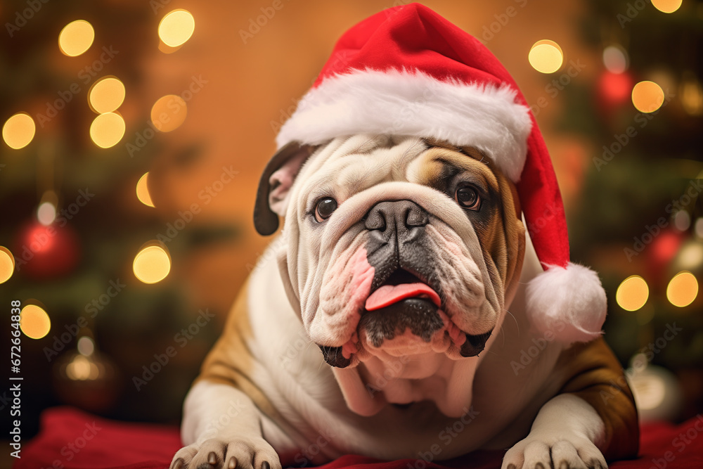 
Cute English bulldog wearing a Santa Claus hat, New Year. Holiday.