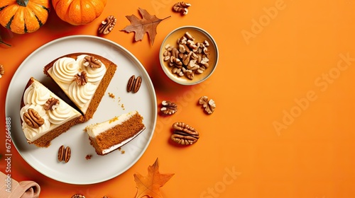 Several pieces of pumpkin cake with walnuts on orange table. A traditional autumn dish for Thanksgiving day and Halloween. Flat lay style. 