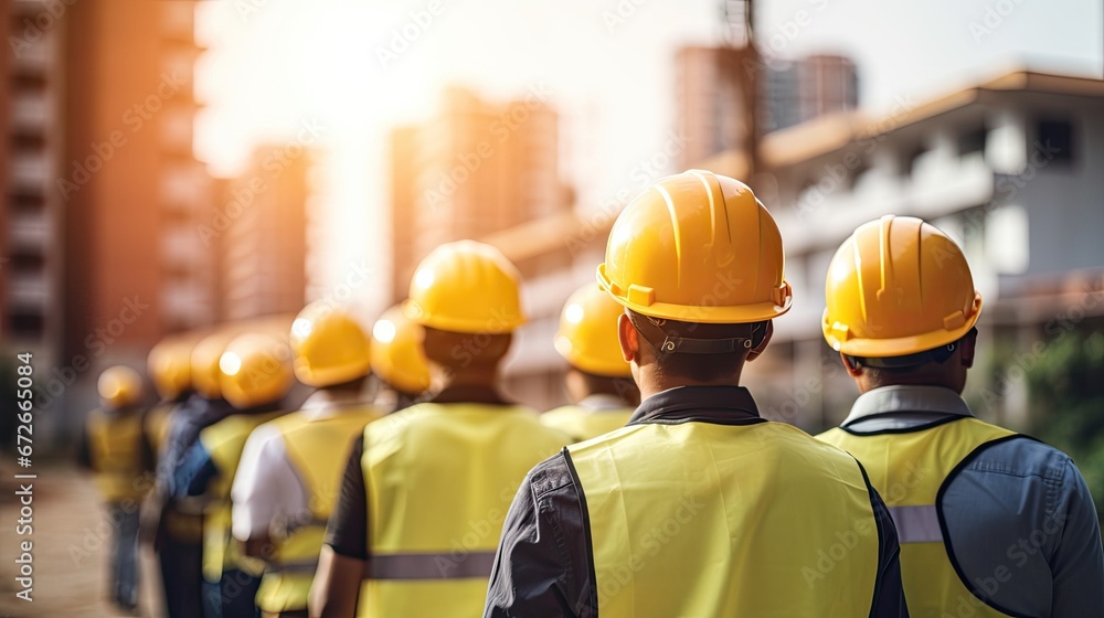 Team engineer holding helmet standing in row on site work, banner cover design.
Team engineer holding helmet standing in row on site work, banner cover design.