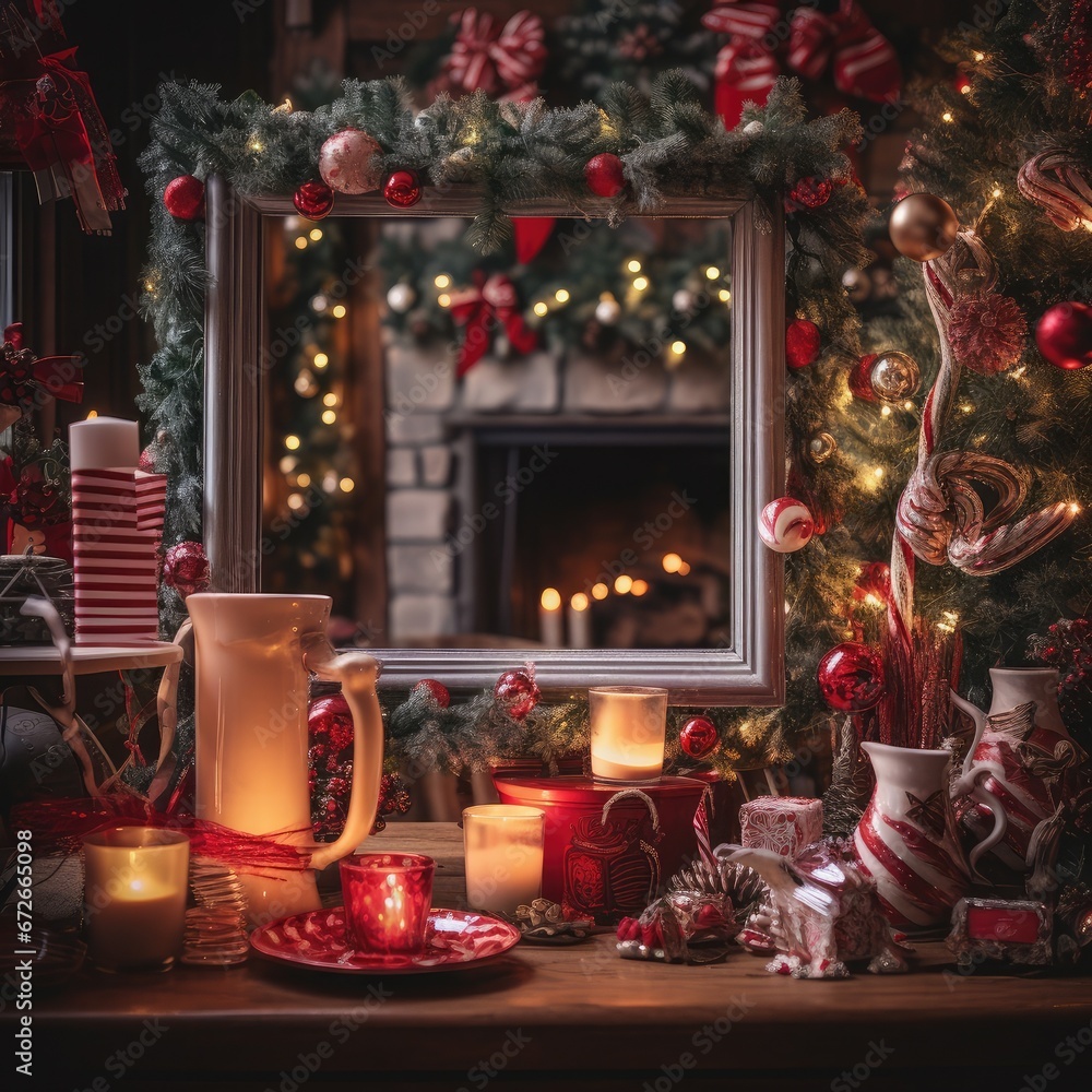 Christmas photo frame lights, holly, candy canes, and ornaments, the frame surrounding a cozy fireplace with stockings, a snow-covered window, and a table set for a holiday feast