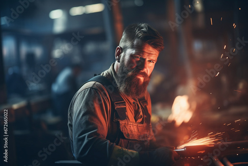 Portrait of male welder holding welding torch in factory