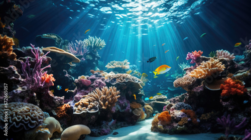 underwater coral reef landscape background in the deep blue ocean with colorful fish and marine life. © Ruslan Gilmanshin
