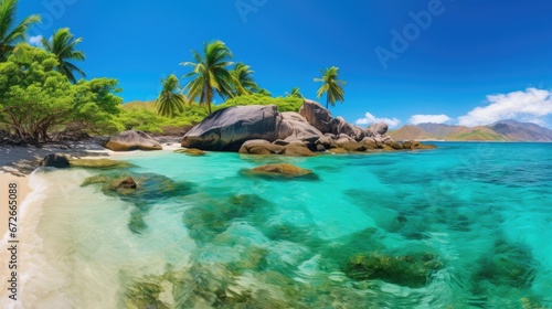 The Baths beach area major tourist attraction at Virgin Gorda, British Virgin Islands with turquoise water and huge granite boulders. 