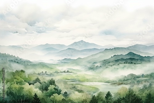 Landscape with watercolor style. Overcast sky above wooded valley. Generative AI