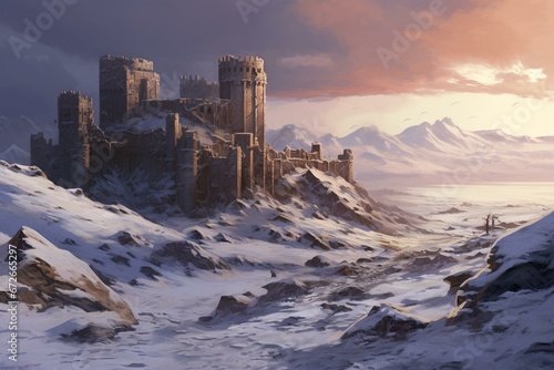 Deserted fortress in snowy landscape. Generative AI © Ayub