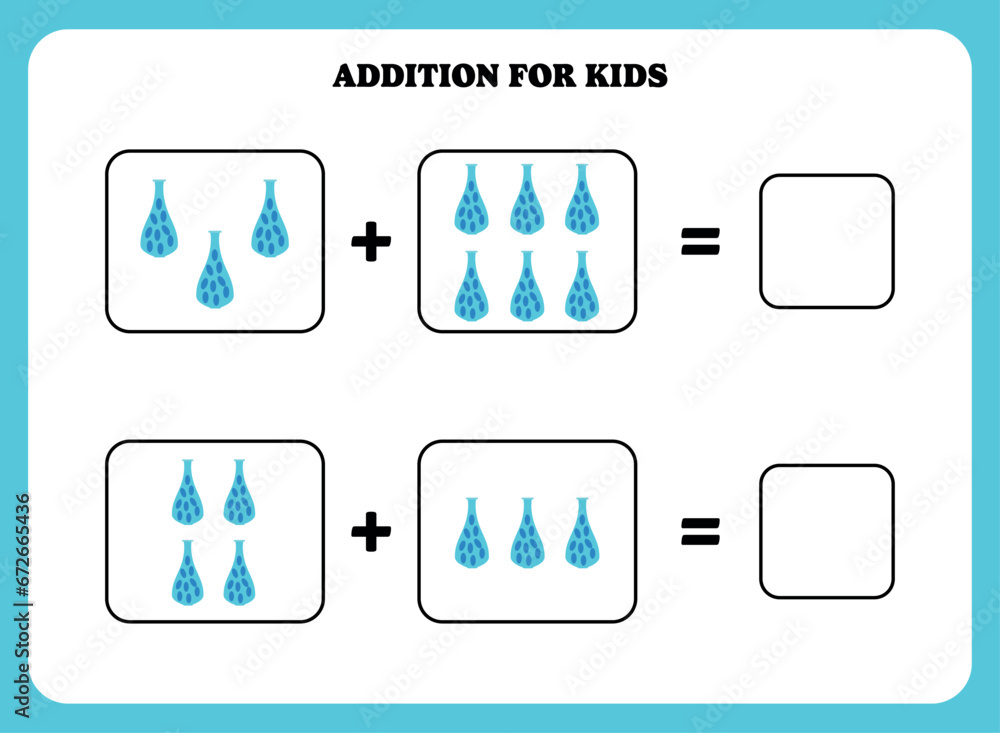Addition page for kids. Educational math game for children with vase. Printable worksheet design. Learning mathematic. Addition page for kids. Educational math game for children with vase. Printable worksheet design. Learning mathematic.