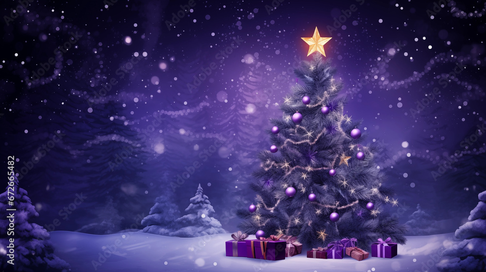 Fioletowe tło świąteczne na życzenia z ozdobioną choinką i z prezentami na Święta Bożego Narodzenia w zimowej scenerii - obrazy, fototapety, plakaty 