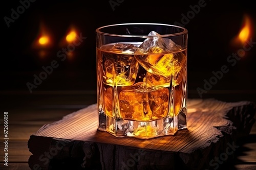 Glass of whiskey with ice and liquor on a dark table