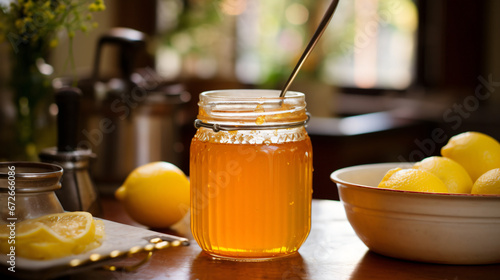 Lemon syrup with honey in a preserving jar