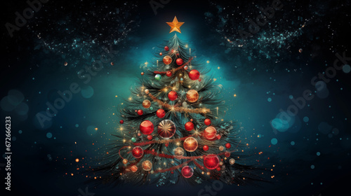Tło świąteczne na życzenia z ozdobioną choinką i z prezentami na Święta Bożego Narodzenia w zimowej scenerii