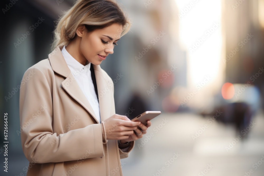 Smiling young adult blonde business woman wearing coat standing on urban street using applications on cell phone gadget, reading news on smartphone, browsing fast mobile internet outdoors. Smiling young adult blonde business woman wearing coat standing on urban street using applications on cell phone gadget, reading news on smartphone, browsing fast mobile internet outdoors.