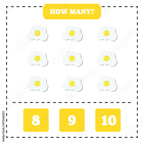 How many fried egg are there? Educational worksheet design for children. Counting game for kids. 