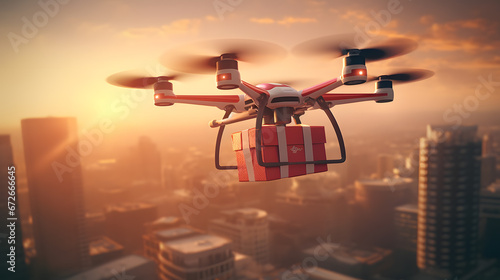 Delivery drone delivering a gift in the city