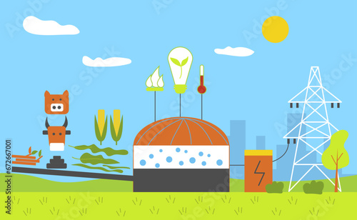 Bioenergetic or biomass energy producing biofuel and electricity. Alternative eco friendly green energy source. Renewable power plants station resources. Flat vector style.