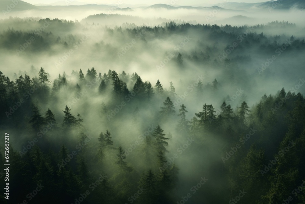 Misty woods seen from above. Generative AI - obrazy, fototapety, plakaty 