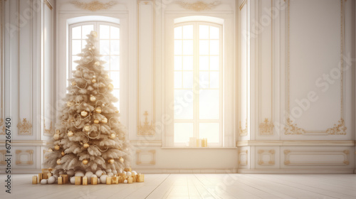Jasne tło świąteczne na życzenia z ozdobioną choinką, z oknem i z prezentami na Święta Bożego Narodzenia. 