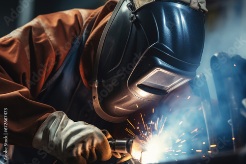 Craftsman weld steel wearing protective mask