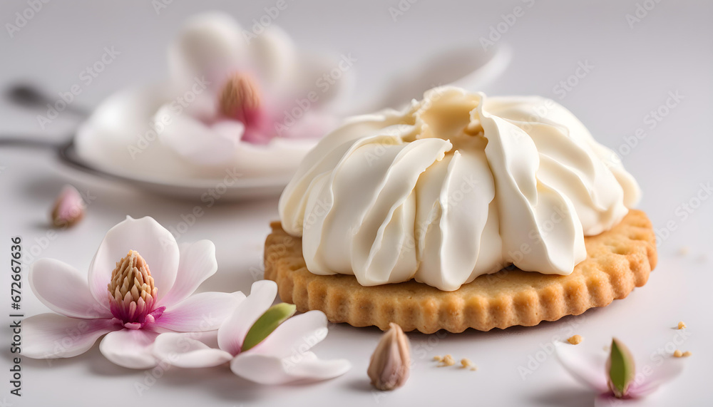 Biscuit decorated with fresh cream flower isolated with white background.