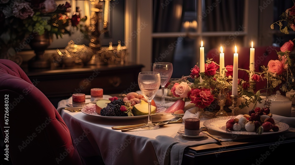 A luxurious romantic candlelit dinner table set for a couple on Valentine's Day with glasses, flowers, and beautiful food decor. Generative AI. A luxurious romantic candlelit dinner table set for a couple on Valentine's Day with glasses, flowers, and beautiful food decor. Generative AI.