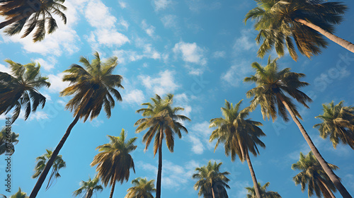 Low angle view of palm trees against blue sky during bright sunny day