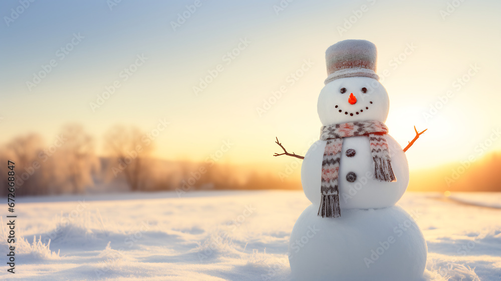 Obraz premium Cute adorable snowman wearing a scarf and hat standing in snow on a sunny winter day