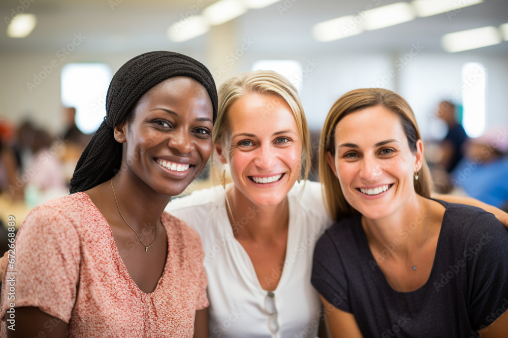 Portrait of smiling three women in community center Portrait of smiling three women in community center