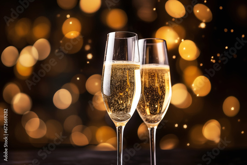 Celebratory Toast with Sparkling Champagne in Elegant Flutes Against a Festive Bokeh Background New Year