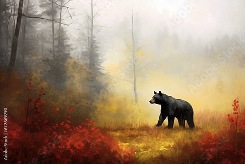 Autumnal landscape with foggy woods and a black bear. Generative AI