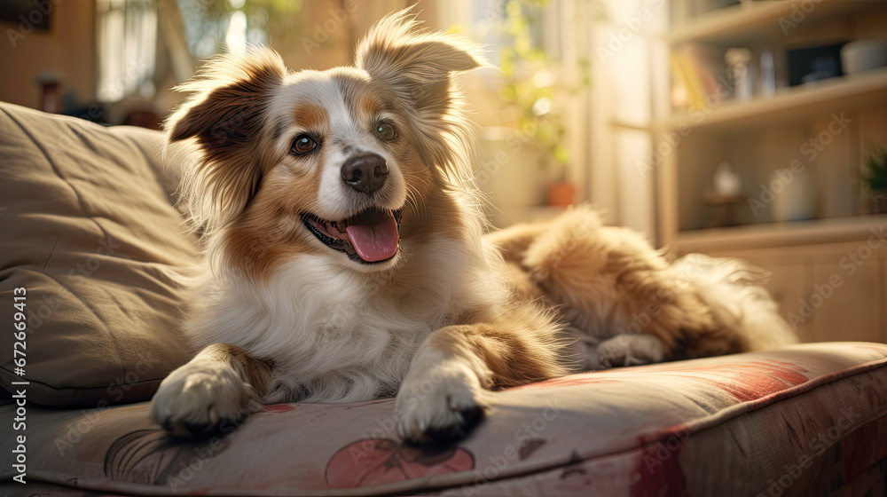 A dog lays on a sofa cushion A dog lays on a sofa cushion
