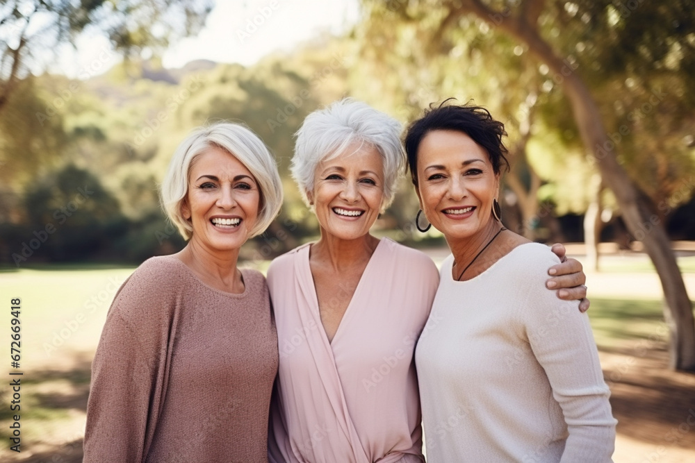 Portrait of three happy mature women standing together in park