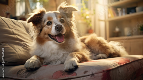 A dog lays on a sofa cushion