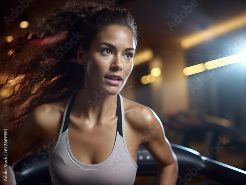 Focused Female Athlete Running on Treadmill © AI Factory