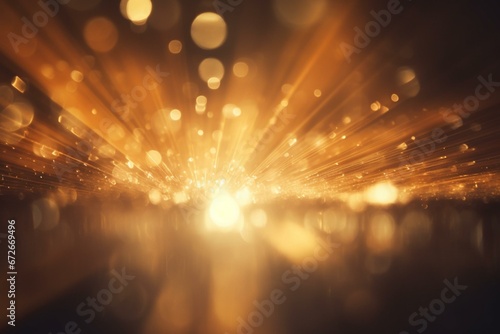 A blurry light overlay with lens flare rays  defocused glare  a vintage film flash leak  golden orange bokeh beam design  and glowing on a dark black abstract background. Generative AI