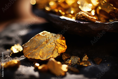 Glistening Gold Nuggets Displayed Elegantly on a Dark Background Capturing the Essence of Luxury and Wealth photo
