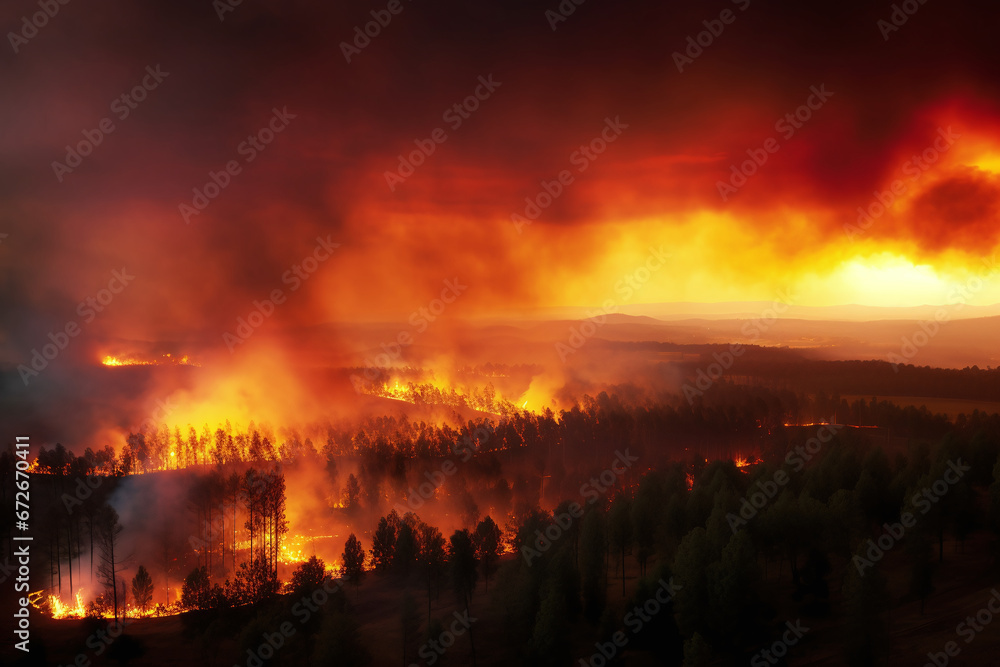 Dramatic Wildfire Engulfs Forest Landscape in Flames Under a Smoky Orange Sky