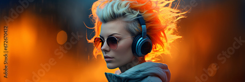 crazy woman with headphones and cool sunglasses